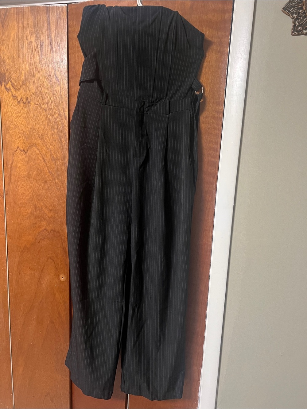 Fashion Nova Black Pinstripe Strapless Wide-Leg Jumpsuit